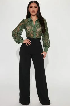 Fashion Nova A Touch Of Lace Jumpsuit - Olive/combo Jumpsuits