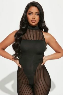 Fashion Nova Malisha Mesh Jumpsuit - Black Jumpsuits