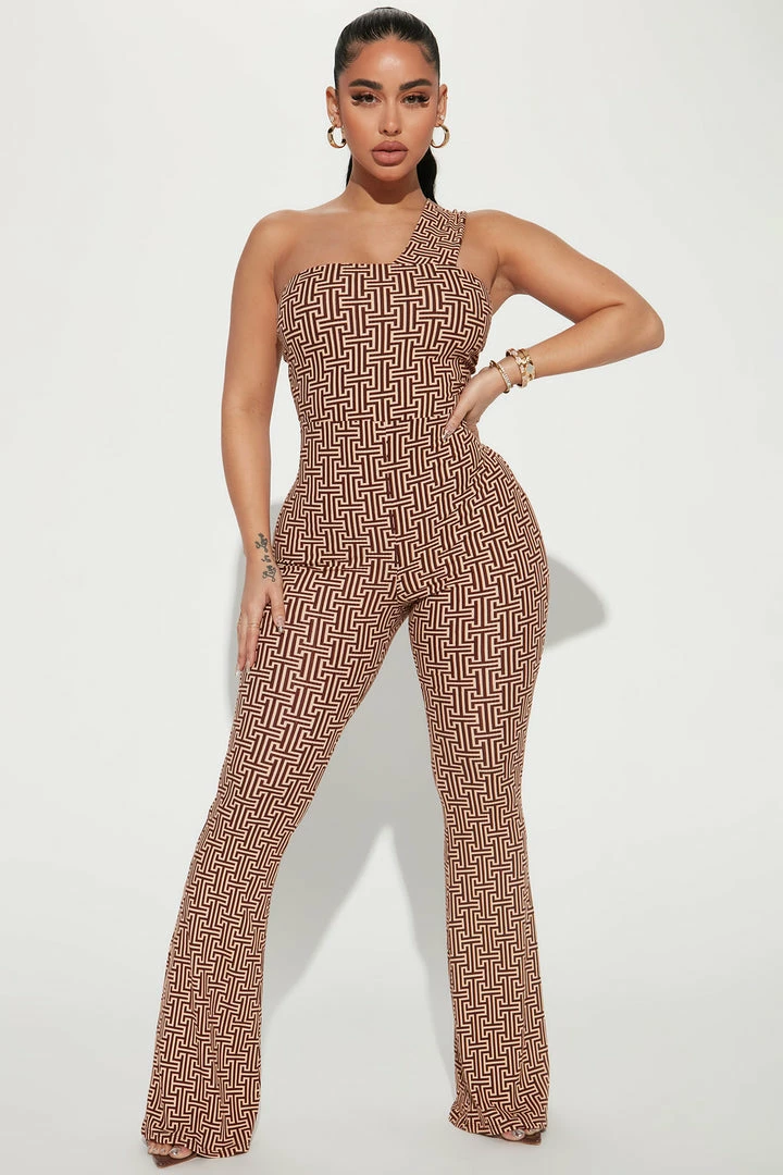 Fashion Nova Alexandra Printed Ribbed Jumpsuit - Brown/combo Jumpsuits