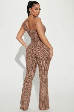Fashion Nova Alexandra Printed Ribbed Jumpsuit - Brown/combo Jumpsuits