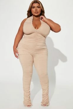 Fashion Nova Part Of Me Ruched Jumpsuit - Taupe