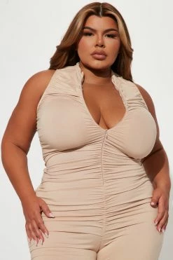 Fashion Nova Part Of Me Ruched Jumpsuit - Taupe