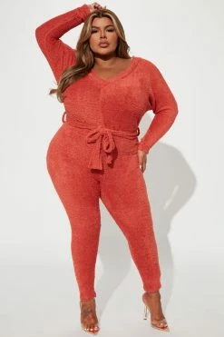 Fashion Nova Jumpsuits Cozy And Chill Jumpsuit - Rust
