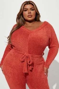 Fashion Nova Jumpsuits Cozy And Chill Jumpsuit - Rust