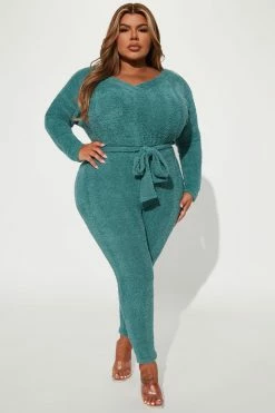 Fashion Nova Cozy And Chill Jumpsuit - Teal Jumpsuits
