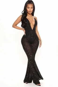 Fashion Nova Reach For The Stars Sequin Jumpsuit - Black Jumpsuits