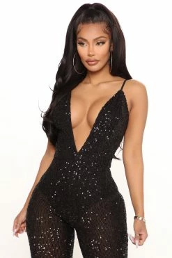 Fashion Nova Reach For The Stars Sequin Jumpsuit - Black Jumpsuits