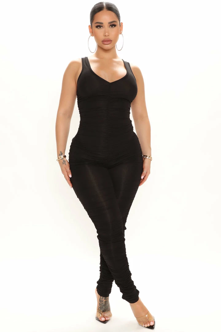 Fashion Nova Ruched Rebel Sleeveless Jumpsuit - Black Jumpsuits