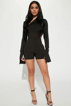 Fashion Nova Rompers Keep Up With Me Hooded Romper - Black