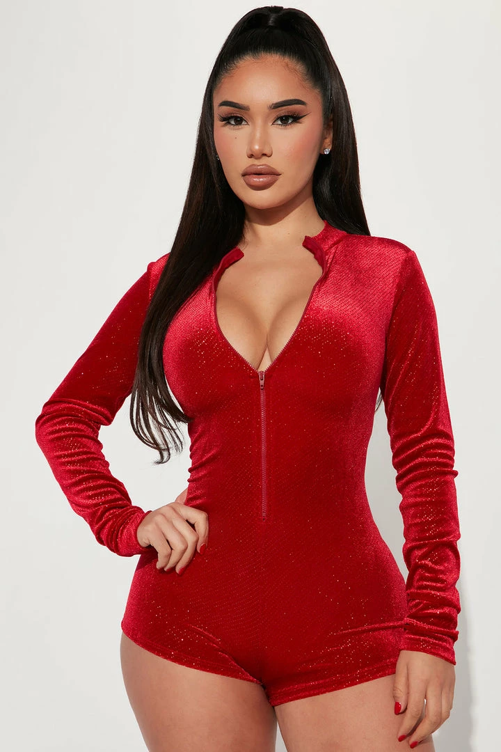 Fashion Nova Giselle Glitter Velvet Romper - Red