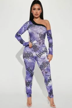 Fashion Nova Denim Baby Printed Jumpsuit - Purple