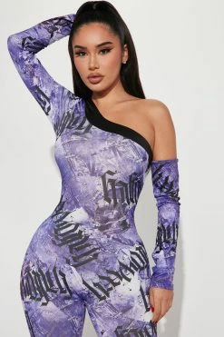 Fashion Nova Denim Baby Printed Jumpsuit - Purple