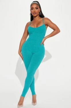 Fashion Nova Codi Mineral Wash Rib Jumpsuit - Kelly Green Jumpsuits