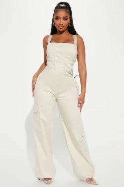 Fashion Nova Jumpsuits Eden Cargo Jumpsuit - Oatmeal