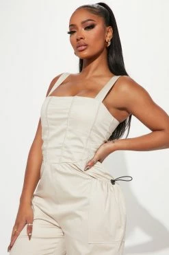 Fashion Nova Jumpsuits Eden Cargo Jumpsuit - Oatmeal