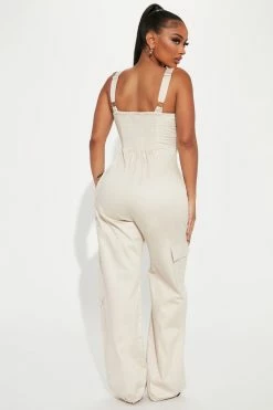 Fashion Nova Jumpsuits Eden Cargo Jumpsuit - Oatmeal