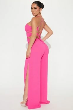 Fashion Nova Destination Vacation Halter Jumpsuit - Fuchsia Jumpsuits