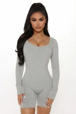 Fashion Nova Daisy Snatched Romper - Heather Grey