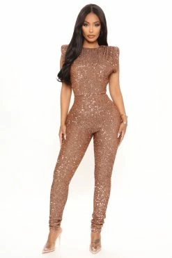 Fashion Nova Sparkle And Snatched Shoulder Pad Jumpsuit - Chocolate Jumpsuits