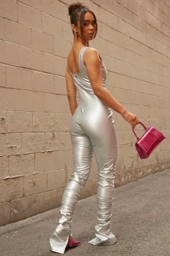 Fashion Nova Future Hottie Metallic Jumpsuit - Silver Jumpsuits