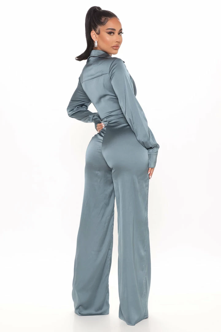 Fashion Nova Fabulosity Stretch Satin Jumpsuit - Teal
