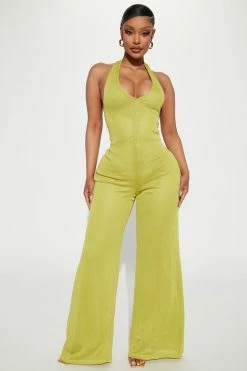 Fashion Nova Walks In Ibiza Halter Jumpsuit - Chartreuse Jumpsuits