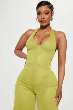 Fashion Nova Walks In Ibiza Halter Jumpsuit - Chartreuse Jumpsuits