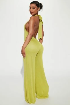Fashion Nova Walks In Ibiza Halter Jumpsuit - Chartreuse Jumpsuits