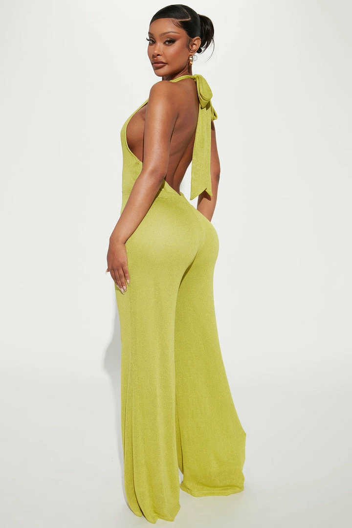Fashion Nova Walks In Ibiza Halter Jumpsuit - Chartreuse Jumpsuits