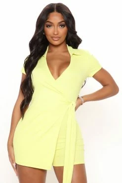 Fashion Nova Loraine Ribbed Romper - Chartreuse