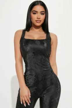Fashion Nova Mia Leather Jumpsuit - Black