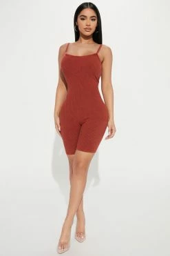 Fashion Nova Jasmine Ribbed Romper - Rust