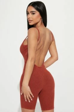 Fashion Nova Jasmine Ribbed Romper - Rust