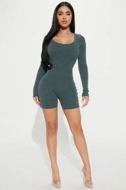 Fashion Nova Reign Ribbed Romper - Teal