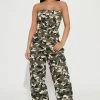 Fashion Nova Camden Camo Cargo Jumpsuit - Olive/combo Jumpsuits
