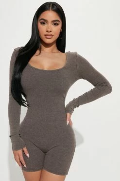 Fashion Nova Reign Ribbed Romper - Brown Rompers
