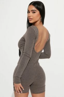 Fashion Nova Reign Ribbed Romper - Brown Rompers
