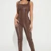 Fashion Nova Mia Leather Jumpsuit - Brown