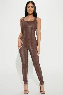 Fashion Nova Mia Leather Jumpsuit - Brown