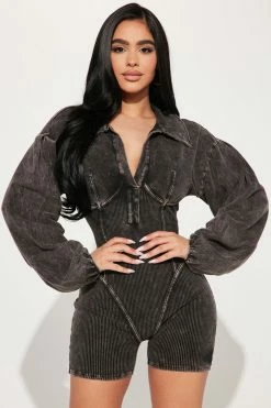 Fashion Nova Rompers Ready Or Ribbed Romper - Black