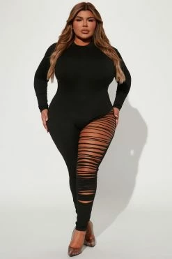 Fashion Nova Keep On Slashing Long Sleeve Jumpsuit - Black Jumpsuits