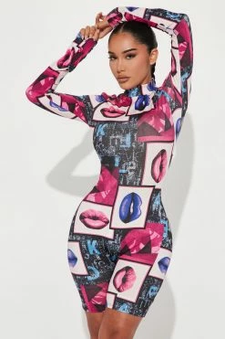 Fashion Nova Kiss Me Printed Romper - Black/Pink Rompers