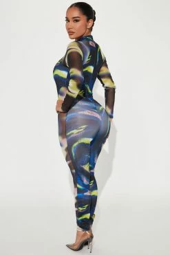 Fashion Nova Cosmic Love Printed Jumpsuit - Black/Blue Jumpsuits