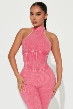 Fashion Nova Kimber Mineral Wash Rib Jumpsuit - Hot Pink Jumpsuits