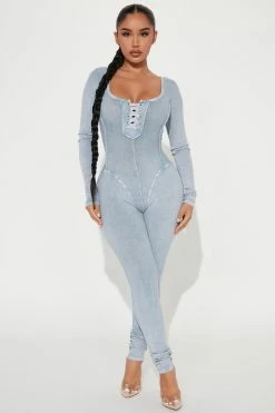 Fashion Nova Seattle Ribbed Jumpsuit - Blue Jumpsuits