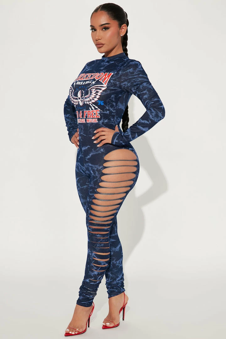 Fashion Nova Wild And Free Distressed Jumpsuit - Blue/combo Jumpsuits