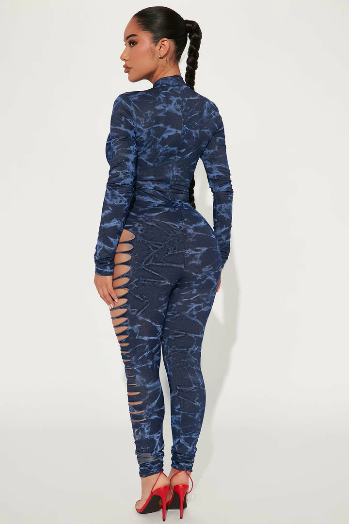 Fashion Nova Wild And Free Distressed Jumpsuit - Blue/combo Jumpsuits