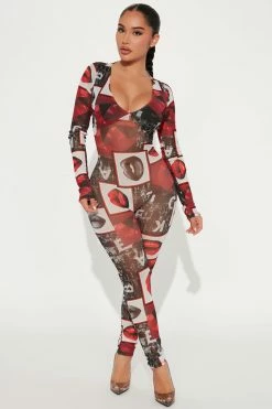 Fashion Nova All The Kisses Mesh Jumpsuit - Black/Red