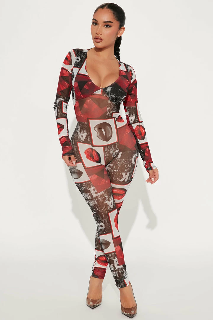 Fashion Nova All The Kisses Mesh Jumpsuit - Black/Red