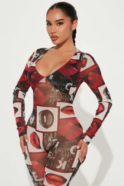 Fashion Nova All The Kisses Mesh Jumpsuit - Black/Red